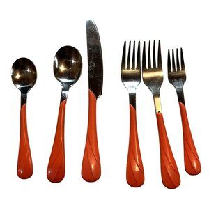 Vintage Fiesta Stainless Steel Flatware Set With Orange Handles - 6 Pieces